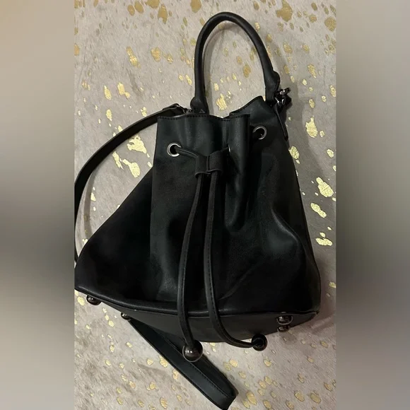 Elizabeth and James Black Leather Drawstring Bag Black Cynnie Sling Bag by Elizabeth and James Accessories  main image 4